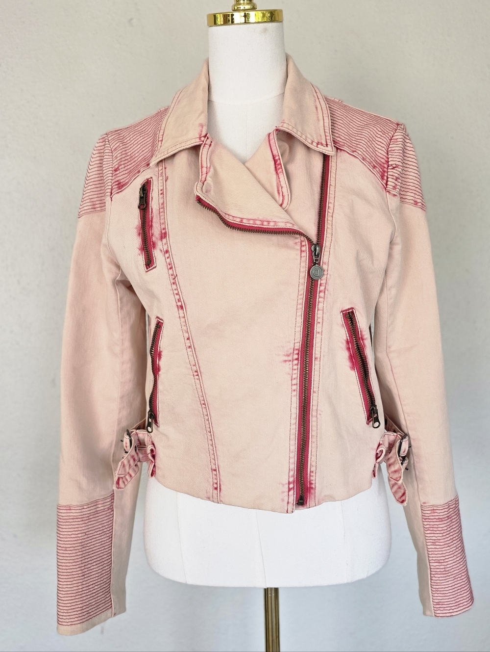 Desigual Pink Denim Moto Biker Cropped Jacket Acid Wash Distressed Size 38